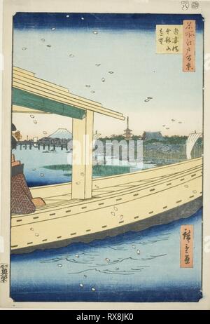 Distant View of Azuma Bridge and Kinryuzan Temple (Azumabashi Kinryuzan enbo), from the series 'One Hundred Famous Views of Edo (Meisho Edo hyakkei)'. Utagawa Hiroshige ?? ??; Japanese, 1797-1858. Date: 1857. Dimensions: 36.3 x 24.8 cm (14 5/16 x 9 3/4 in.). Color woodblock print; oban. Origin: Japan. Museum: The Chicago Art Institute. Stock Photo