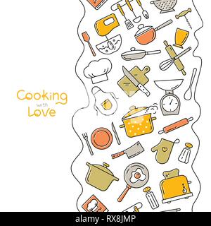 Cooking flat vertical seamless pattern with lettering or place for text. Kitchen utensil and appliance cartoon texture. Food preparation Scandinavian  Stock Vector