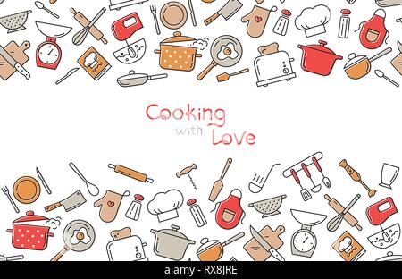Cooking flat horizontal seamless pattern with lettering or place for text. Kitchen utensil and appliance cartoon texture. Food preparation Scandinavia Stock Vector