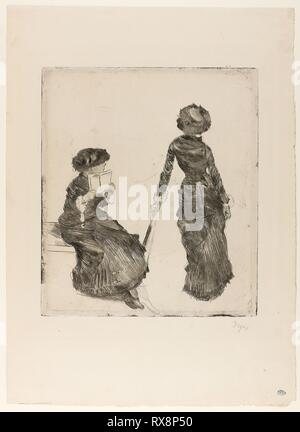 Mary Cassatt at the Louvre: The Etruscan Gallery. Edgar Degas; French, 1834-1917. Date: 1879-1880. Dimensions: 267 × 232 mm (image/plate); 429 × 311 mm (sheet). Soft ground etching, drypoint, aquatint, and etching on buff laid paper. Origin: France. Museum: The Chicago Art Institute. Author: Hilaire Germain Edgar Degas. Stock Photo