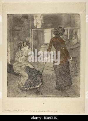 Mary Cassatt at the Louvre: The Etruscan Gallery. Edgar Degas; French, 1834-1917. Date: 1879-1880. Dimensions: 269 × 232 mm (image/plate); 357 × 269 mm (sheet). Soft ground etching, drypoint, aquatint, and etching, with reddish-brown pastel, on ivory Japanese paper. Origin: France. Museum: The Chicago Art Institute. Author: Hilaire Germain Edgar Degas. Stock Photo