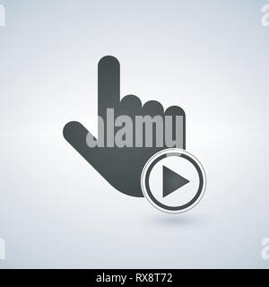 Hand mouse cursor with play button in circle. vector illustration. Stock Vector