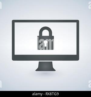 Desktop computer and lock on screen. Computer security, password, privacy, confidential information protection concepts. Vector illustration. Stock Vector