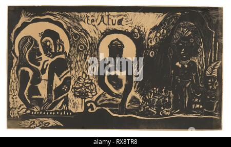 Te atua (The God), from the Noa Noa Suite. Paul Gauguin; French, 1848-1903. Date: 1893-1894. Dimensions: 203 × 354 mm (image); 207 × 358 mm (sheet). Wood-block print in black ink on tan wove paper. Origin: France. Museum: The Chicago Art Institute. Stock Photo