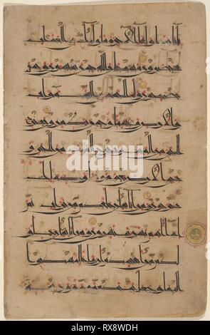 Qur'an leaf in Eastern Kufic script. Iran. Date: 1001-1100. Dimensions: 31.1 x 18.6 cm (12 1/4 x 7 15/16 in.). Ink, opaque watercolors and gold on paper. Origin: Iran. Museum: The Chicago Art Institute. Author: Islamic. Stock Photo