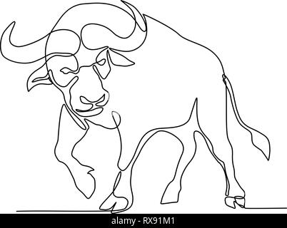 Continuous line illustration of an African buffalo or Cape buffalo, a large African bovine, about to charge or attack done in black and white monoline Stock Vector