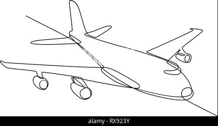 Continuous line illustration of jumbo jet passenger plane airliner or airplane flying in full flight in mid-air done in black and white monoline style Stock Vector