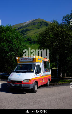 Ice cream van parked with no one at it during sunny summer weather in the scottish highlands, glen nevis fort william scotland uk Stock Photo