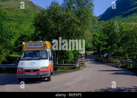 Ice cream van parked with no one at it during sunny summer weather in the scottish highlands, glen nevis fort william scotland uk Stock Photo