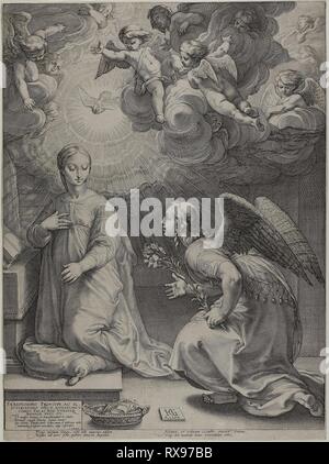 The Annunciation, plate one from The Birth and Early Life of Christ. Hendrick Goltzius (Dutch, 1558-1617); text written by Cornelius Schonaeus. Date: 1594. Dimensions: 462 x 352 mm (Image) 477 x 353 mm (plate/sheet). Engraving on paper. Origin: Netherlands. Museum: The Chicago Art Institute. Stock Photo