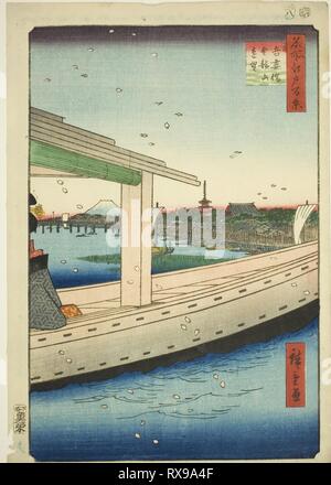Distant View of Azuma Bridge and Kinryuzan Temple (Azumabashi Kinryuzan enbo), from the series 'One Hundred Famous Views of Edo (Meisho Edo hyakkei)'. Utagawa Hiroshige ?? ??; Japanese, 1797-1858. Date: 1857. Dimensions: 36.2 x 25.1 cm (14 1/4 x 9 7/8 in.). Color woodblock print; oban. Origin: Japan. Museum: The Chicago Art Institute. Stock Photo