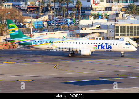 Eilat, ISRAEL-February 24, 2019:Arkia Embraer ERJ-195AR at old Eilat international Airport. Stock Photo
