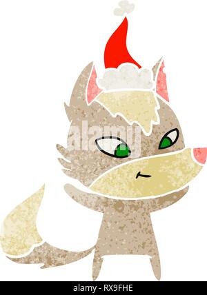 friendly hand drawn retro cartoon of a wolf wearing santa hat Stock Vector