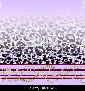 Abctract seamless pattern with belts, chain on bright animal skin background for fabric. Trendy repeating leopard print. Stock Vector