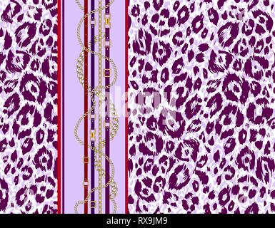 Abctract seamless pattern with belts, chain on bright animal skin background for fabric. Trendy repeating leopard print. Stock Vector