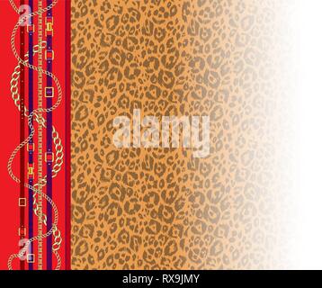 Abctract seamless pattern with belts, chain on bright animal skin background for fabric. Trendy repeating leopard print. Stock Vector