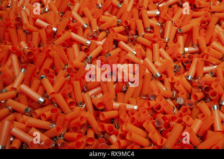 Empty orange shotgun cartridges Stock Photo