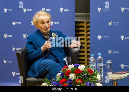 Madeleine Albright seen speaking during the open meeting at the Warsaw University. On Friday at the University of Warsaw, an open meeting with Madeleine Albright took place in the hall of the former University Library. Her visit to the University of Warsaw is connected with last year's edition of the Polish language version of her book entitled 'Fascism: A Warning.' Madeleine Albright was the secretary of the state in US in 1997-2001. She was the first woman on this position in the United States. In 1993, President Clinton appointed her to the position of US Ambassador to the United Nations. Stock Photo