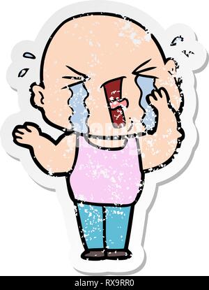 distressed sticker of a cartoon crying bald man Stock Vector