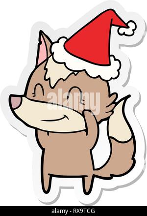 friendly hand drawn sticker cartoon of a wolf wearing santa hat Stock Vector