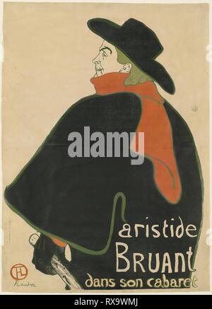 Aristide Bruant, in His Cabaret. Henri de Toulouse-Lautrec; French, 1864-1901. Date: 1893. Dimensions: 1,273 × 940 mm (image); 1,380 × 991 mm (sheet, sight). Color lithograph on buff wove paper. Origin: France. Museum: The Chicago Art Institute. Stock Photo