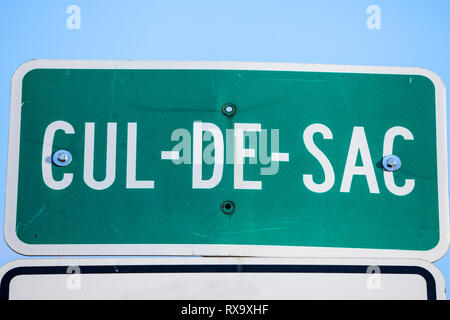 Cul de Sac Roadisign in the streets of Montreal, Quebec, Canada. A Cul de Sac, in French, is a Dead end, or impass, in an urban street or road  Pictur Stock Photo