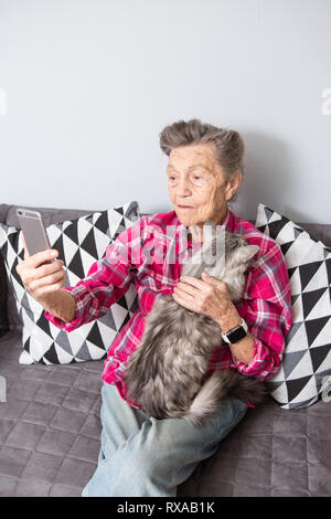 old person usestechnology. Mature contented joy smile active gray hair Caucasian wrinkles woman sitting living room couch with fluffy cat using mobile Stock Photo