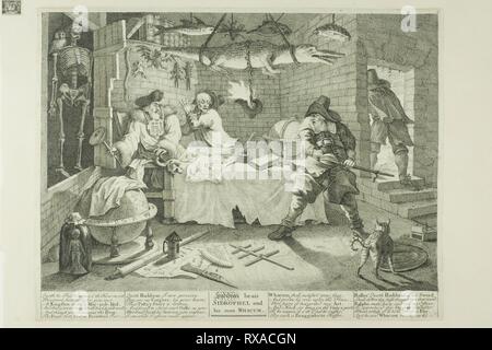 Hudibras and Sidrophel, plate eight from Hudibras. William Hogarth; English, 1697-1764. Date: 1725-1726. Dimensions: 242 × 346 mm (image); 271 × 357 mm (plate); 273 × 355 mm (primary support); 361 × 475 mm (secondary support). Etching and engraving in black on cream paper edge, mounted on cream wove paper. Origin: England. Museum: The Chicago Art Institute. Stock Photo