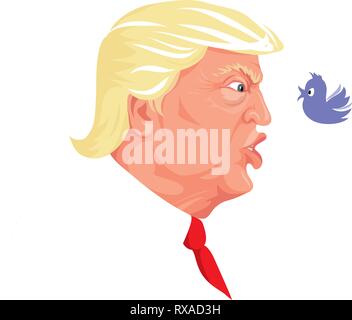 A vector illustration of a portrait of President Donald Trump arguing with a tweeting bird Stock Vector