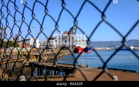 Ships loading coal and iron ore at industrial port taken through wire fence in foreground at an Australian Port, NSW. Trade war and tariffs concept Stock Photo
