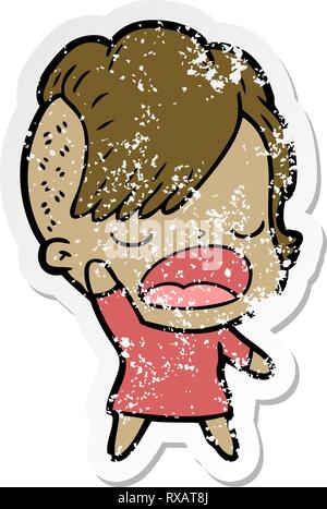 distressed sticker of a cartoon cool hipster girl talking Stock Vector