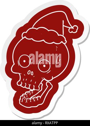 quirky cartoon  sticker of a skull wearing santa hat Stock Vector