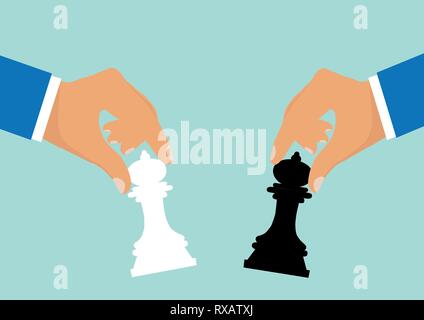Concept of business strategy and competition. Vector of businessmen moving chess pieces as a symbol of rivalry corporate negotiation. Stock Vector