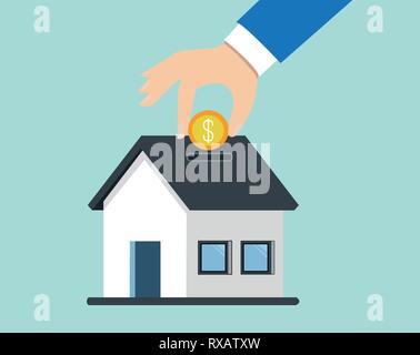 Vector of a hand dropping a dollar coin in piggy bank house Stock Vector