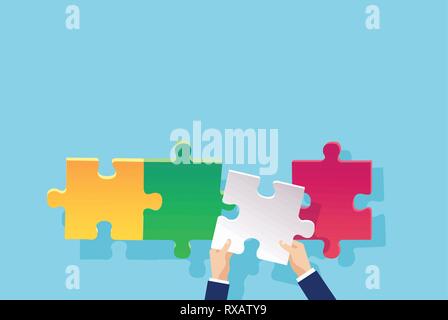 Business team concept. Vector of a businessman hand adding a puzzle piece Stock Vector