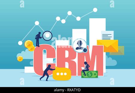 Vector concept for customer relationship management. Company interaction with customers and data analysis of sales. Stock Vector