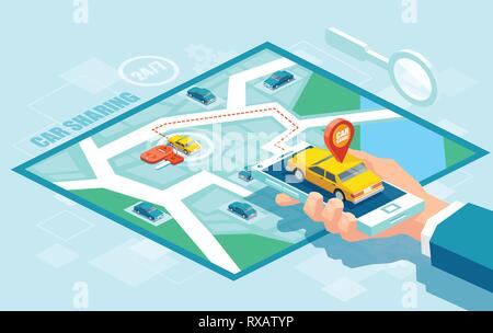 Online taxi oder carpool service app concept. Vector of a hand holding smartphone with yellow cab and GPS route point pins on a map Stock Vector