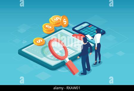 Web banner for financial data analysis and statistics concept. Vector of business people researching for new profitable investment opportunities. Stock Vector