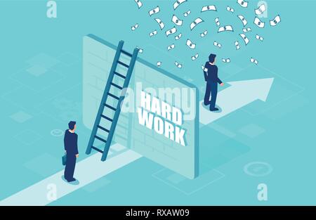 Hard work and financial reward concept. Vector of a business man separated by a wall from a successful entrepreneur under money rain Stock Vector