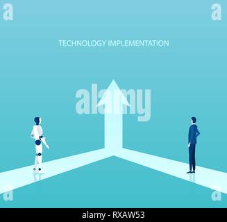 Business new technology implementation and growth concept. Vector of a businessman working together with robot for a common goal. Stock Vector