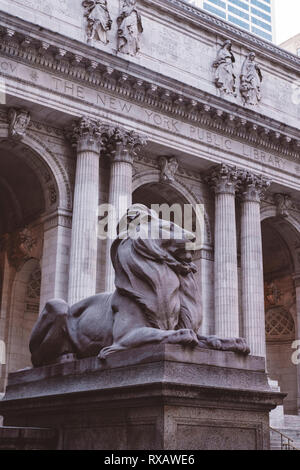 Low angle view of lion statue at New York Public Library Stock Photo