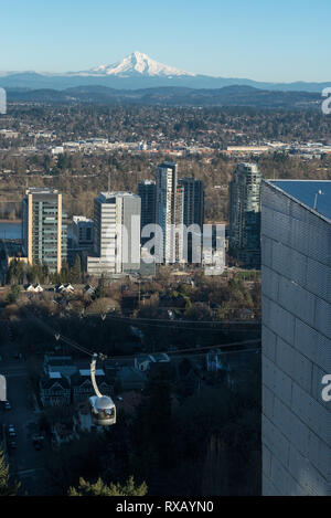 Portland aerial tram and Mt. Hood, Portland, Oregon. Stock Photo