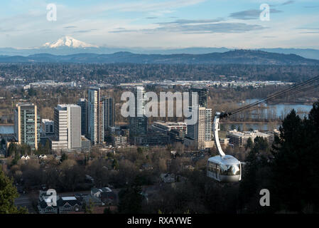 Portland aerial tram and Mt. Hood, Portland, Oregon. Stock Photo