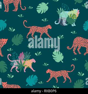 Vector green and coral leaf print skin seamless pattern background. Perfect for fabric, scrapbooking, wallpaper,stationary projects. Stock Vector