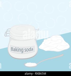 Baking soda in a glass jar and in a spoon on a table vector illustration Stock Vector