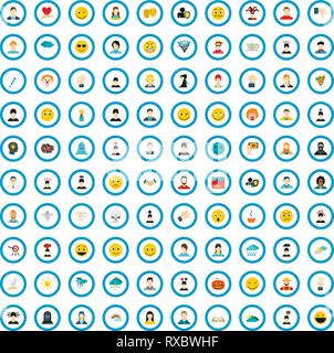 100 emotions icons set, flat style Stock Vector