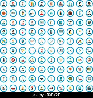 100 emotions training icons set, flat style Stock Vector