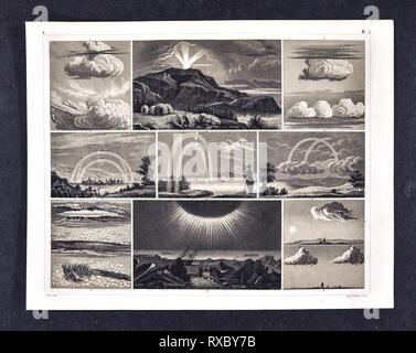 1849 Bilder Atlas Meteorological Print showing various atmospheric phenomenon including cloud formation, rainbows and a solar eclipse Stock Photo