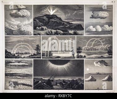 1849 Bilder Atlas Meteorological Print showing various atmospheric phenomenon including cloud formation, rainbows and a solar eclipse Stock Photo