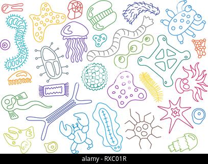 Various microorganisms on white background pattern. Backdrop with infectious germs, protists, microbes, disease causing bacteria, viruses. Biodiversit Stock Vector